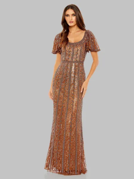 Brown Beaded Flutter Sleeve Column Gown